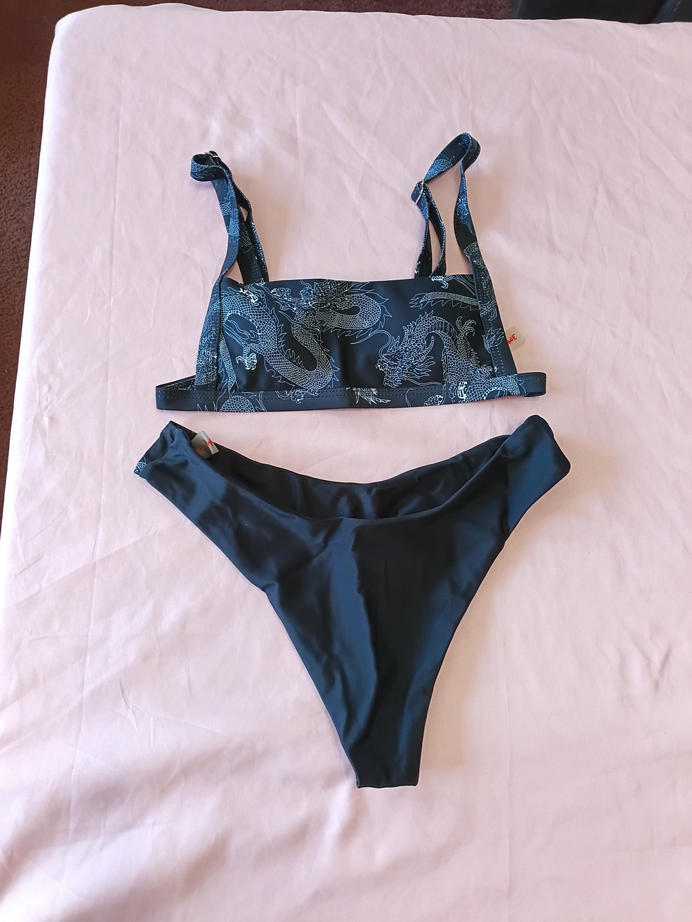 ROMWE Black White Dragon-Print Two-Piece Bikini XS